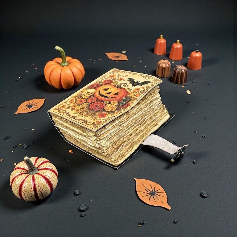 `Handmade Halloween Pumpkin Leather Journal | Floral Witchy Grimoire Notebook | Vintage Notebook with Lock Closure