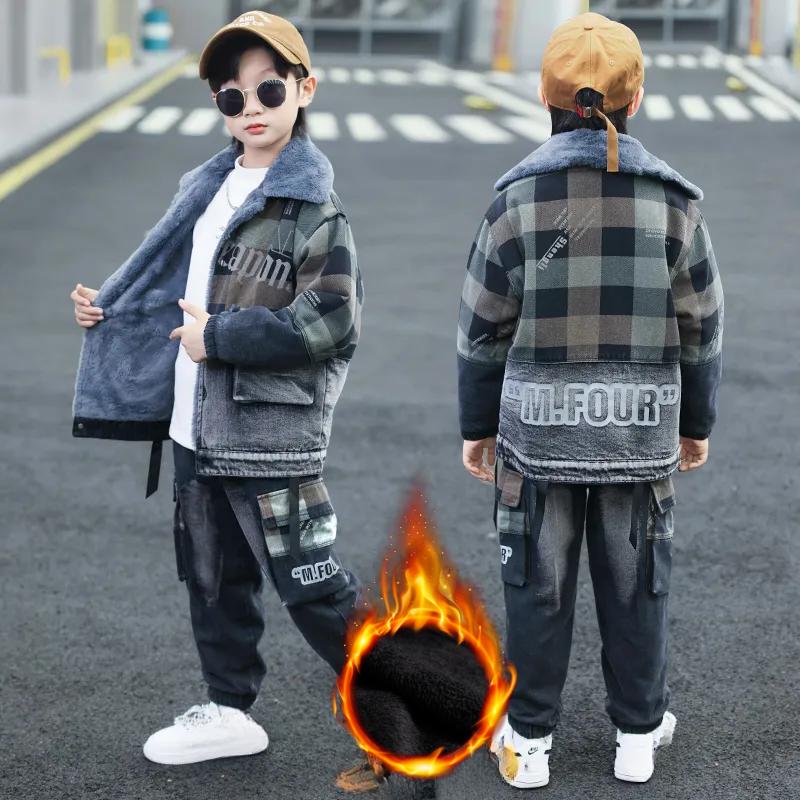 Children's Clothing Boys Winter Denim Suit Plus Velvet Thick Jacket Jeans 2-piece Boy