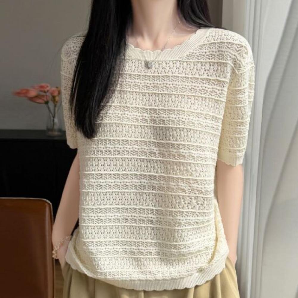 Navava Women Cool Daily Punching PaTTern Wave ShorT Sleeve KniT T shirT Nk3704