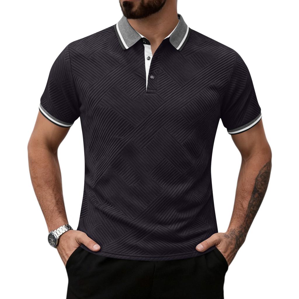Men Short Sleeve Polo Shirt Classic Fit Pattern Button Down Collar Casual Top for Everyday Wear