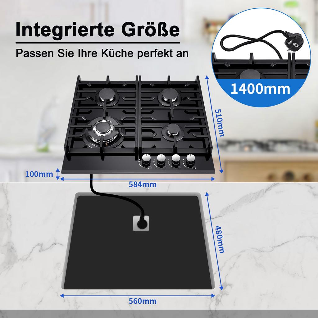 Gas Hob 4 Burners,60cm Black Glass Gas Hob,Built In Gas Cooktop with Cast Iron Supports,Gas Hob Cooker with Flame Out Protection