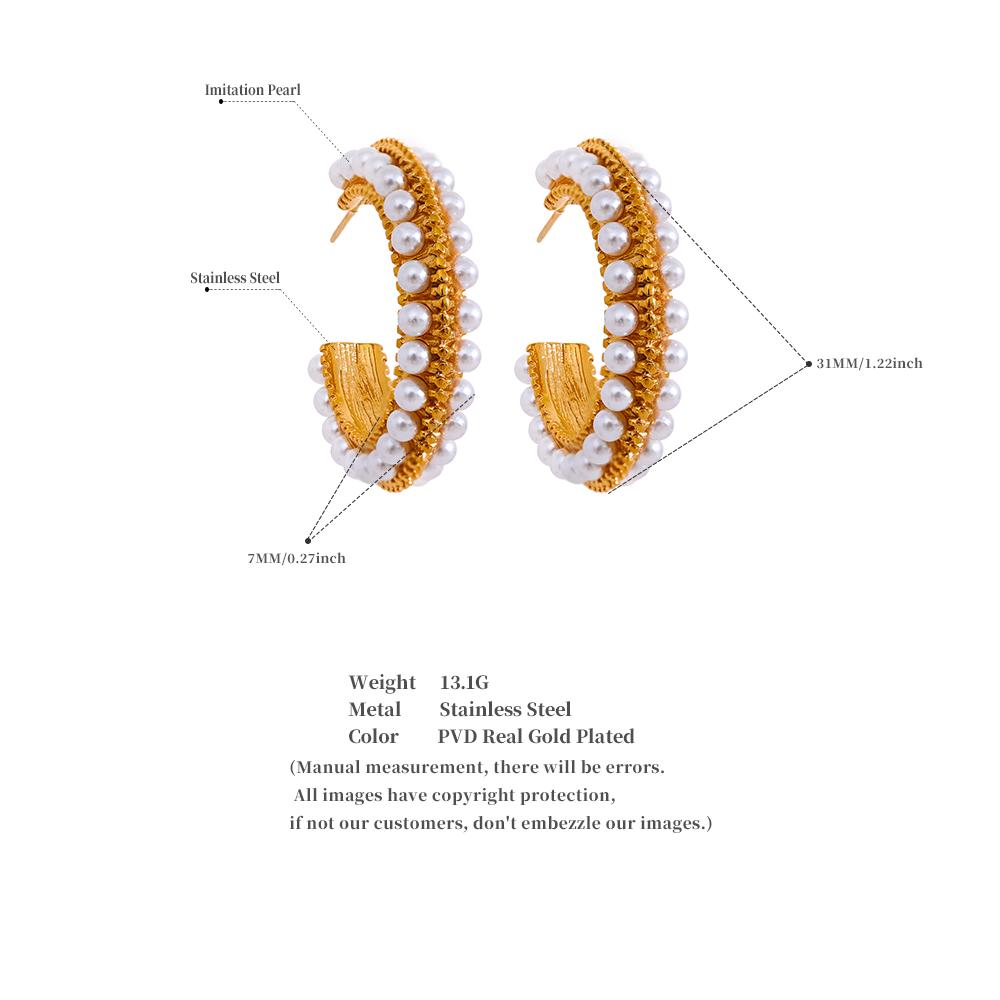 Yhpup Elegant Imitation Pearls Stainless Steel C Shape Geometric Hoop Huggie Earrings Vintage Metal Charm Stylish Jewelry Bijoux