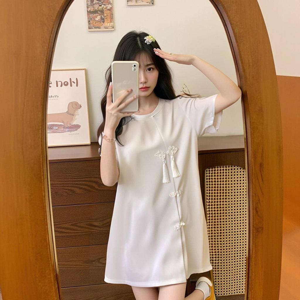 Deformation Strategy Plus Size Retro Chinese Republic Style Women's Long T-shirt, Short Sleeve, Summer