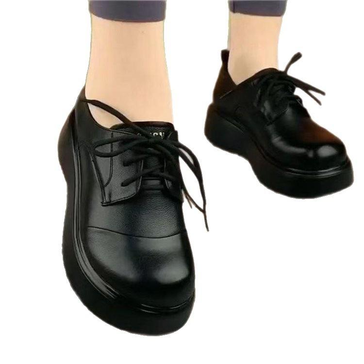 Muffin thick-soled lace-up casual autumn new round head comfortable and lightweight soft leather single shoes
