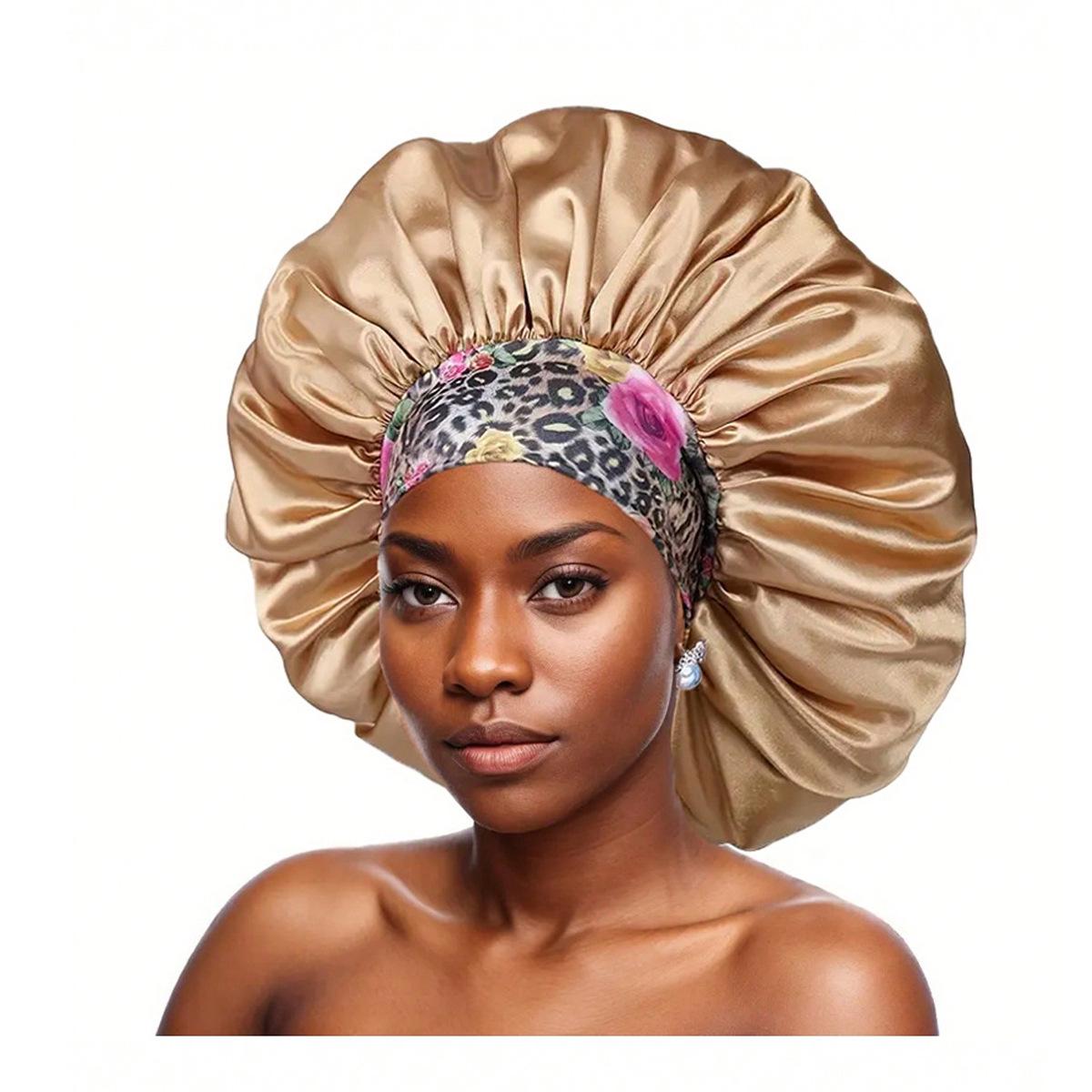 

Leopard Print Ethnic Sleep Cap - Stretchy, Round Beauty Hair Care Bonnet Diameter 32cm шампанського