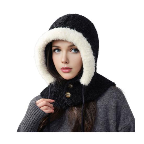 

Winter Headgear Elastic Patchwork Color Thermal Hat Adjustable Drawstring Buttons Closure Warm Hat Outdoor Activities Cold Weather Wear чорний