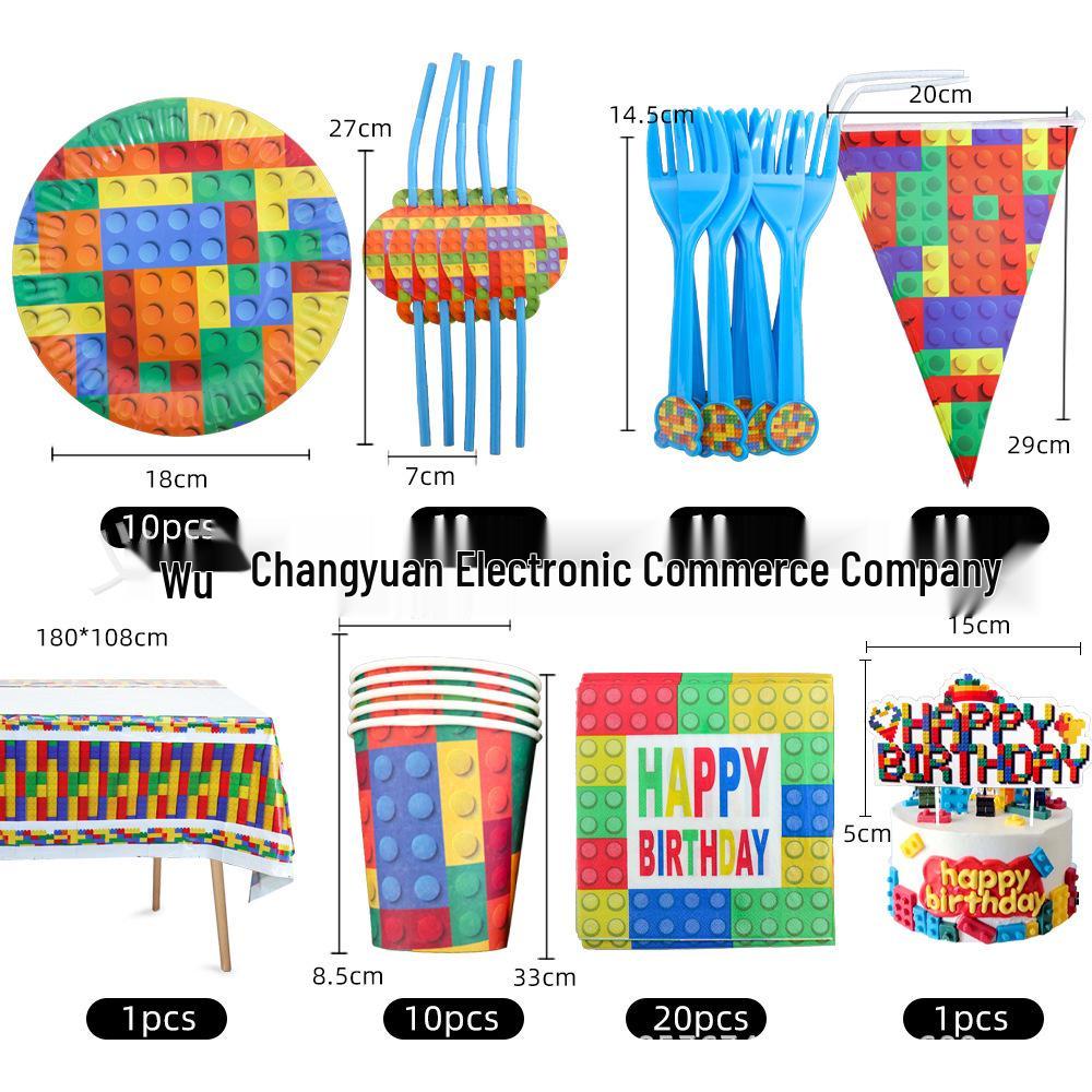 Párty potřeby s kostkami Lego: Praporek, Klobouky a Ubrus pro Dětské Narozeniny