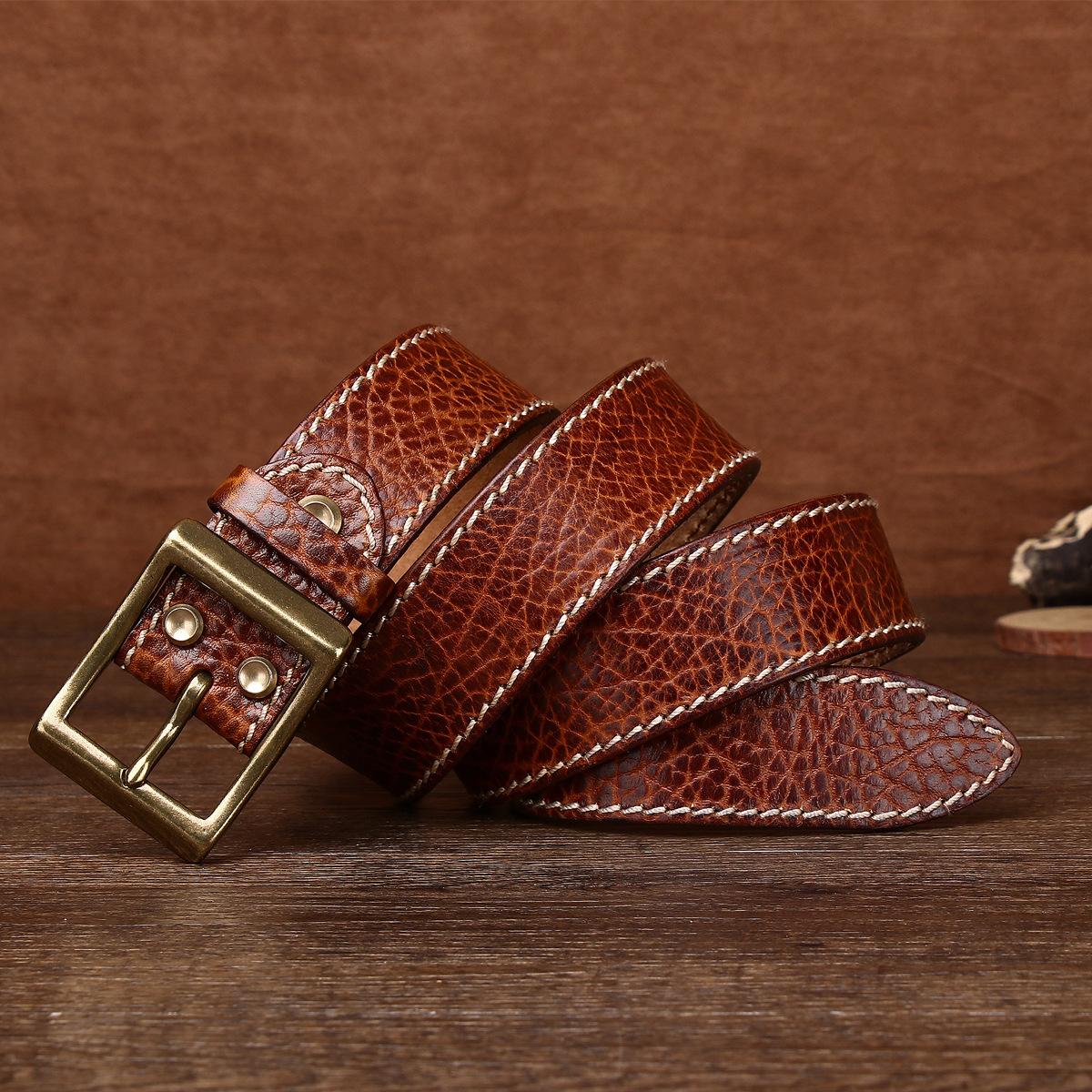 

Ремень мужской из натуральной кожи бизона с узором, мужской из натуральной кожи, утолщенная медная пряжка, персонализированный ретро-ремень Tide 125cm хаки