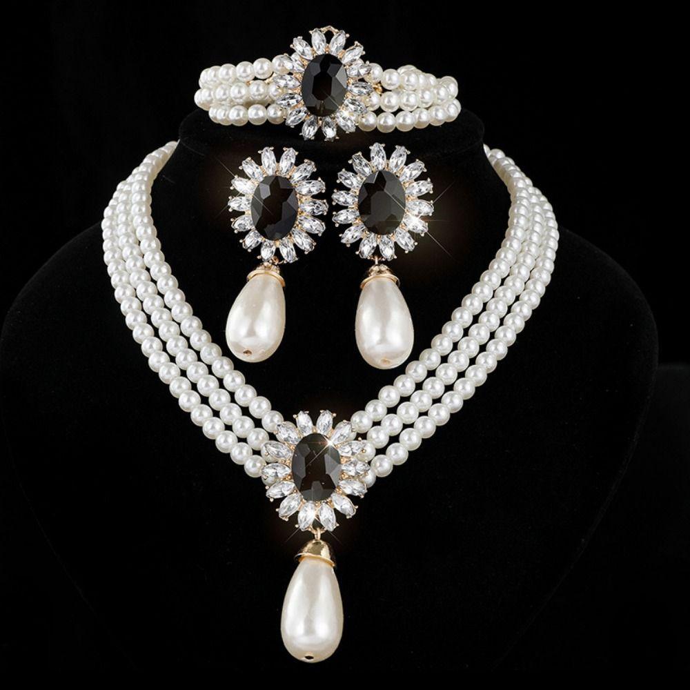 Flower Multilayer Jewelry Set Inlaid Rhinestone Clavicle Chain Pearl Necklace Earring Set Women