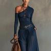 2026 European and American new solid color simple slanted shoulder long sleeve casual suit fashionable and comfortable long dress including belt