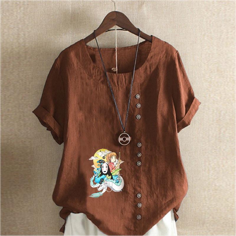 Women's New Fashion Linen Shirt Round Neck Short Sleeve Cartoon Characters Pattern Printed T-shirt Summer Ladies Casual Plus Size Blouse Tops