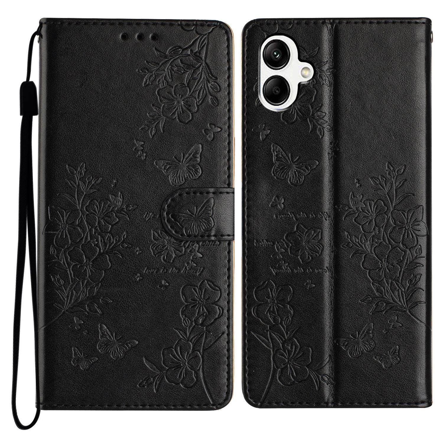 

For Samsung Galaxy A06 4G Wallet Phone Case Butterfly Floral Imprint Leather Flip Cover Black