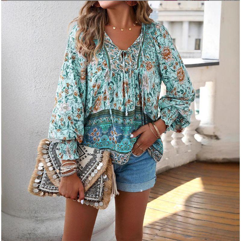 Fall Bohemia New Arrival French Romantic Print Fashion V-neck Lace-up Loose Bubble Long Sleeve Shirt Top