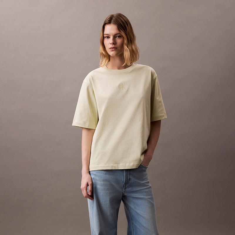 Calvin Klein Trendy Casual Layered Letter Loose Cotton Short Sleeve T-Shirt Women T-Shirts Seafoam-Green 47AB818