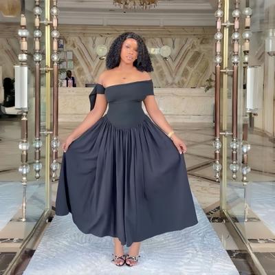 Europe, America, Summer Africa Fashion Solid Color Diagonal Collar Big Pendulum Long Dress Elegant Temperament Versatile Skirt