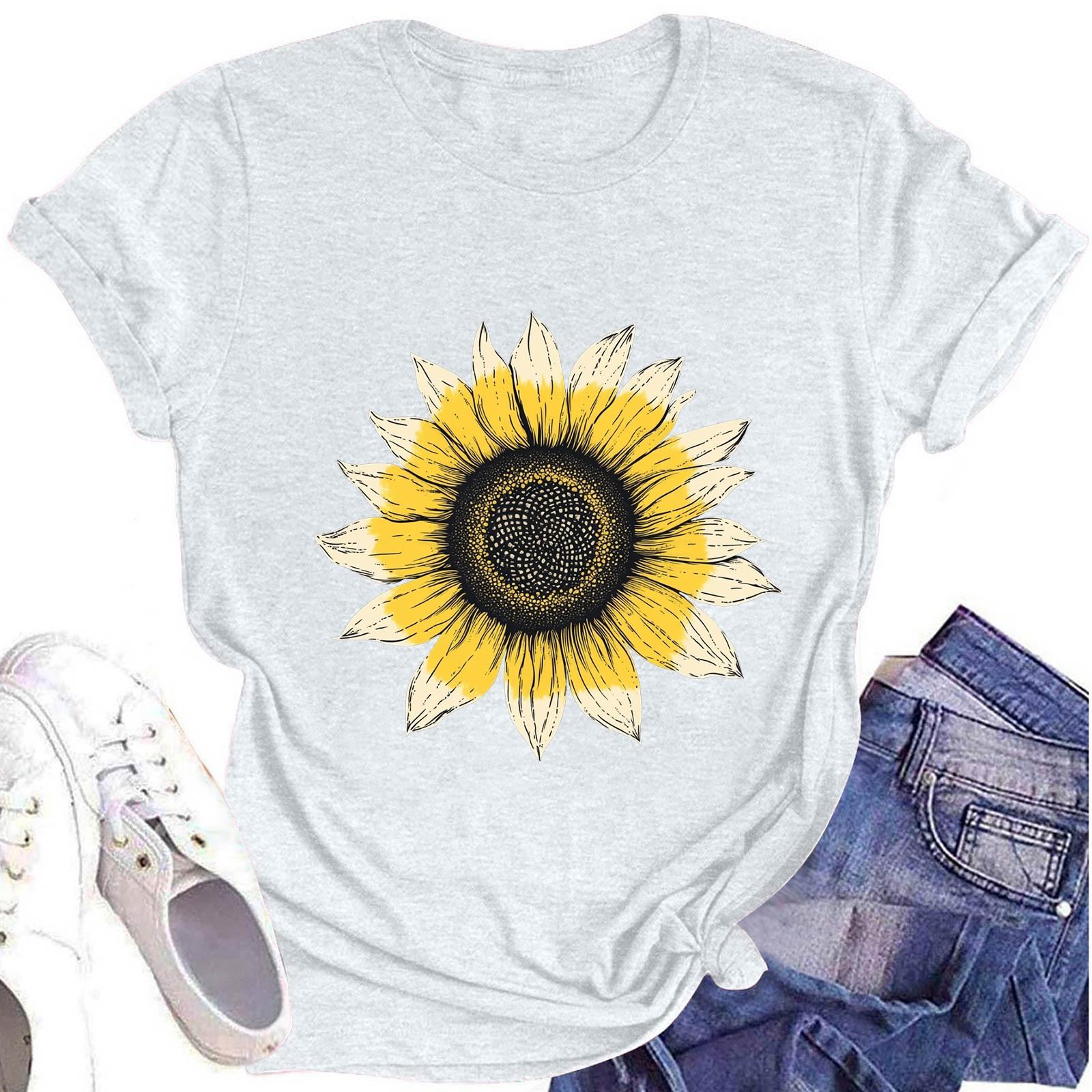

Женская модная футболка с круглым вырезом и коротким рукавом, повседневный топ с принтом подсолнуха S белый