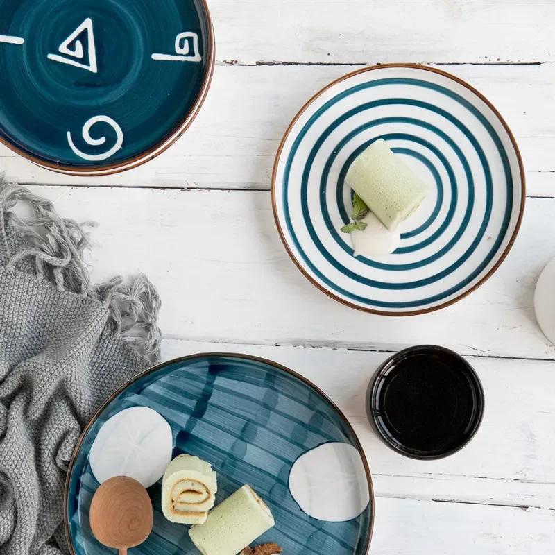 Japanese Hand Painted Ceramic Steak Western Dish Retro Personality Dessert Disc Household Art Tableware Plate