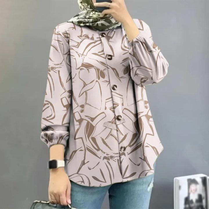 2024 Women's Muslim Floral Bubble Sleeve Blouse