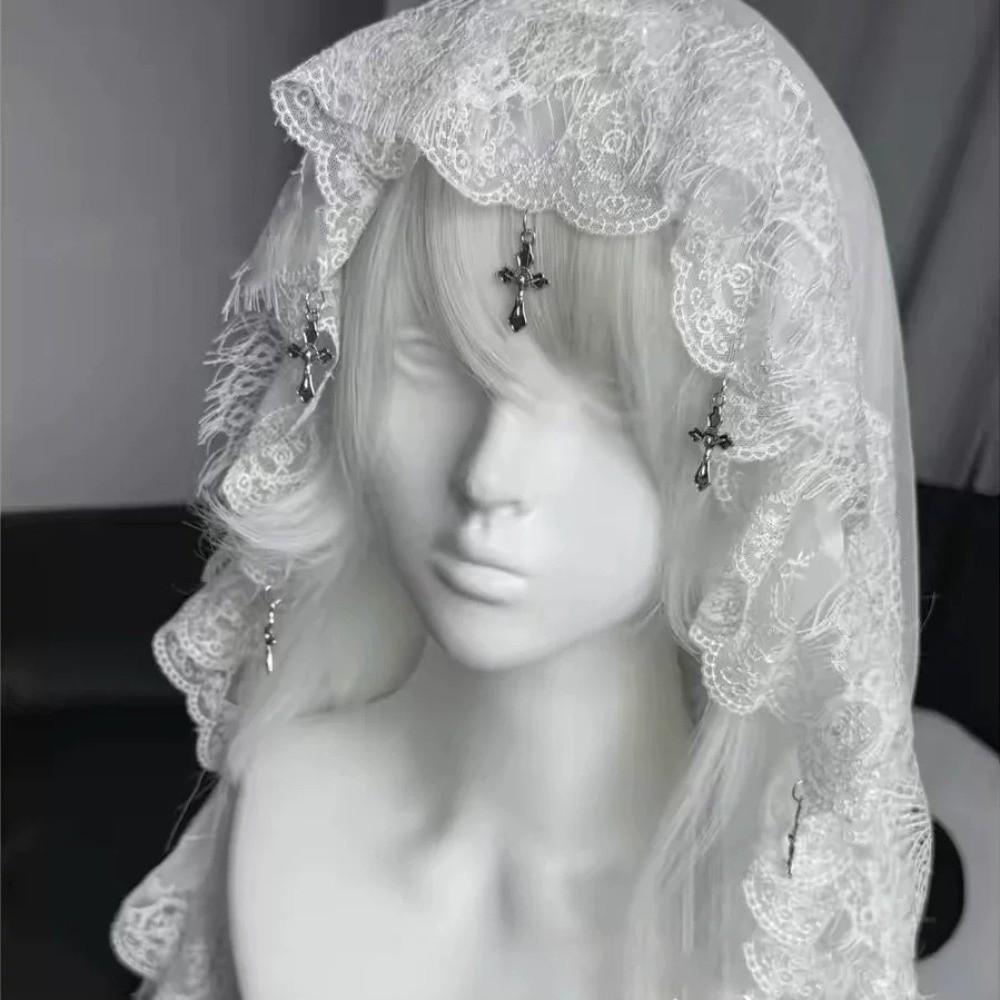 Black and White Lolita Tulle Head Cover Cross Pendant Lolita Lace Veil Y2K Wedding Veil Women