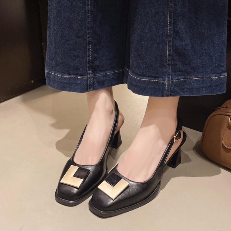 

Мода 2025 Лето Новые Металлические Квадратные Пряжки Baotou Толстый Каблук Сандалии Женские Корейские С Открытым Носком Слипоны Задний Ремешок Sandalias De Mujer 35 чёрный