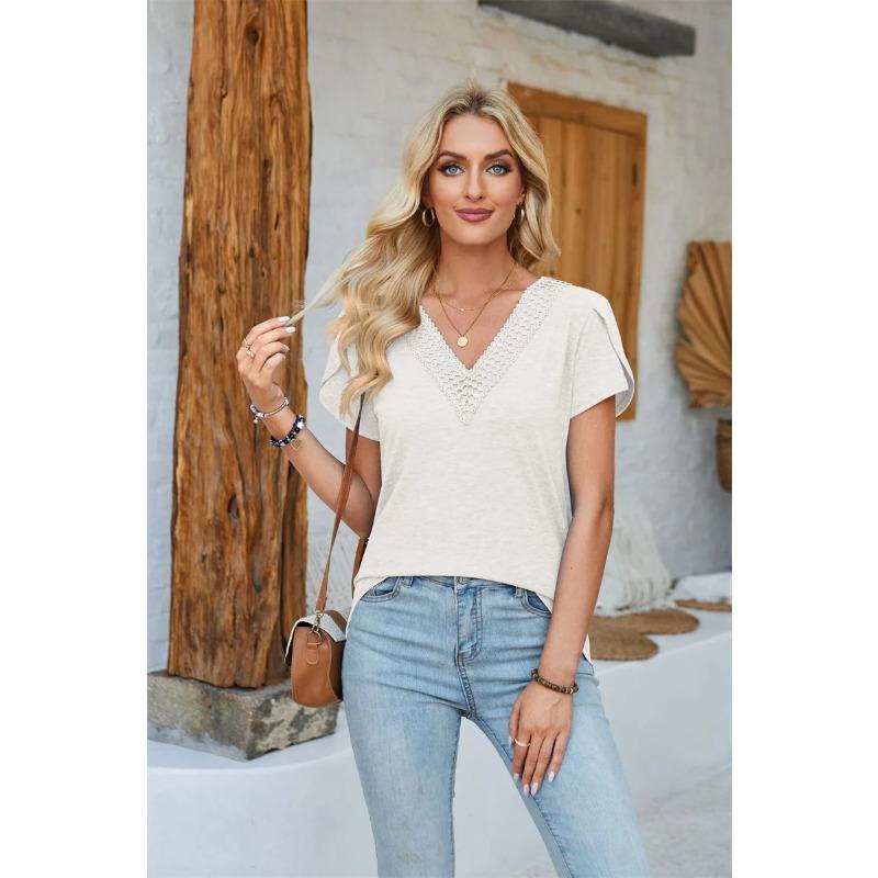 Women V Neck Pullover Petal Short Sleeves T-Shirt Summer Comfortable Casual Solid Color Loose Tops Female Elegant Commuter Tees