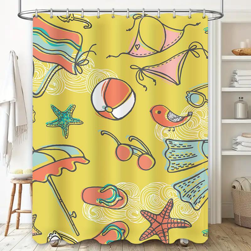 Summer-themed shower curtain with beach accessories perfect for adding a touch of fun to your bathroom