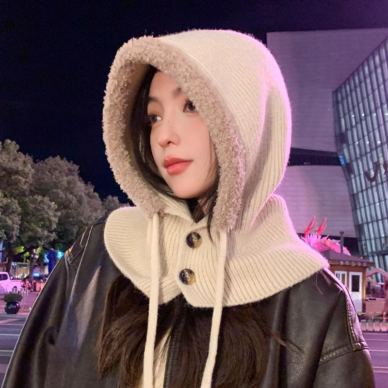 New Autumn and Winter Plush Cape Knitted Wool Hat Warm Hat for Women Winter Scarf Integrated Hat Windproof Ear Protection Hat