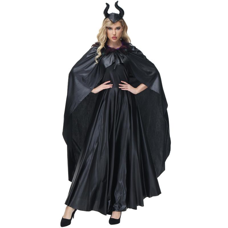 Farmec Adormit Femei Adulte Vrăjitoare Neagră Magie Regina Malefică Robă Lungă Coif cu Coarne Rochie Rochie Costume Cosplay de Halloween Ținută