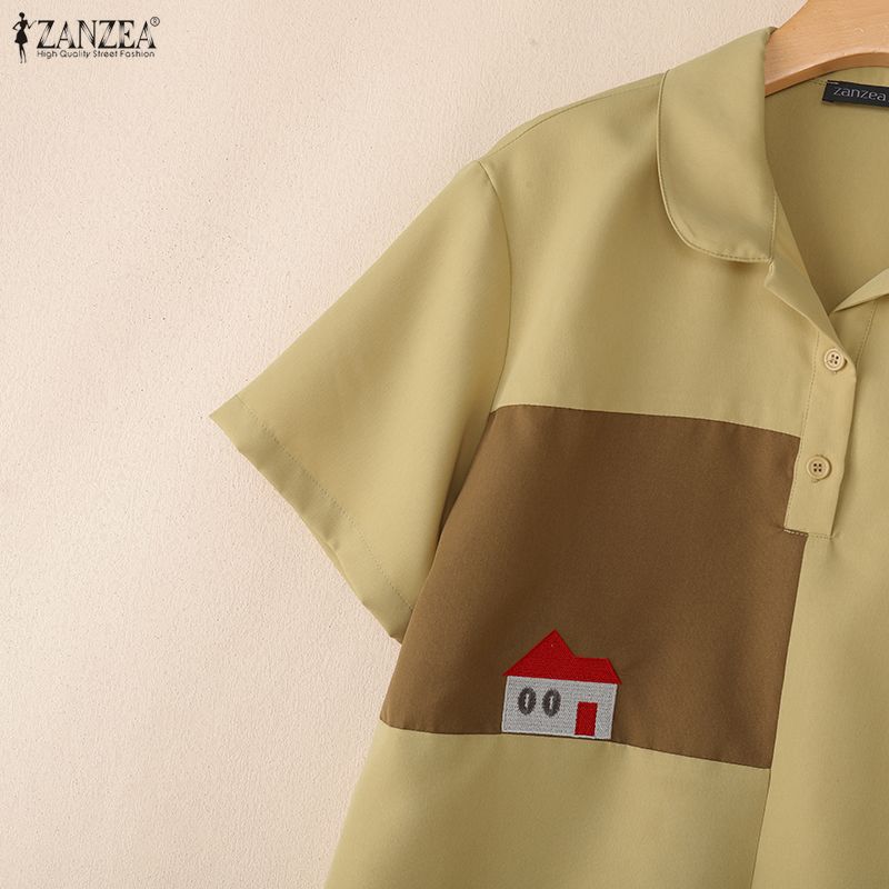 ZANZEA Women Summer Casual Turn Down Collar Short Sleeve Blouse