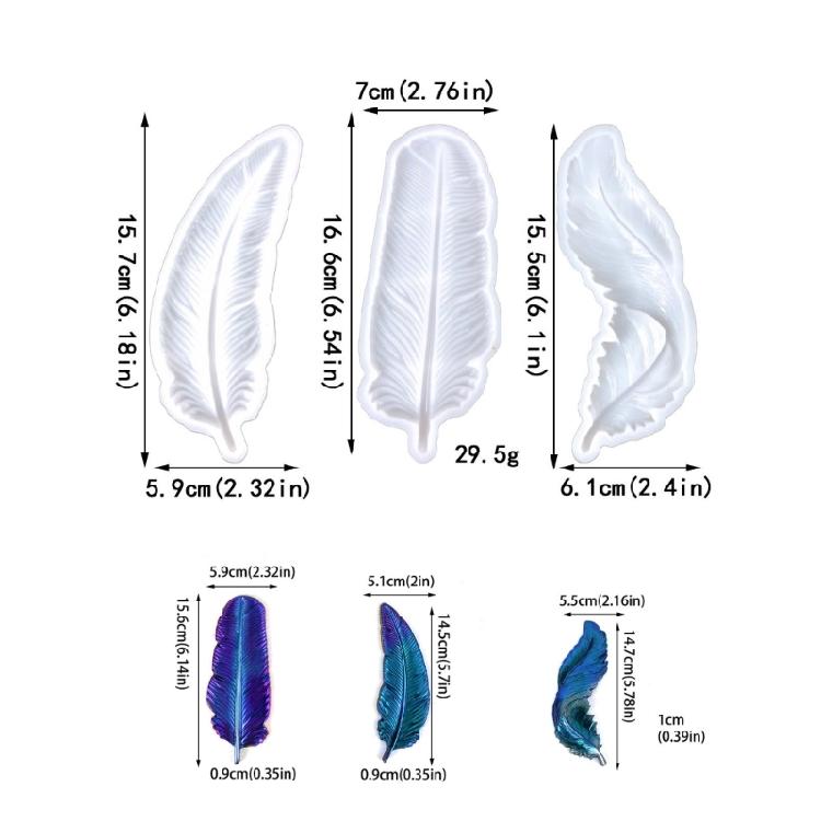 3 Pcs 3D Feather Shape Molds Feather Silicone Molds Jewelry Pendant Molds Craft Supplies for Keychains