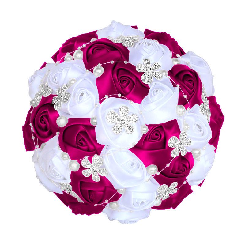 European & American Elegant Ribbon Flower Bridal Bouquet – Beaded Five-Flower Design