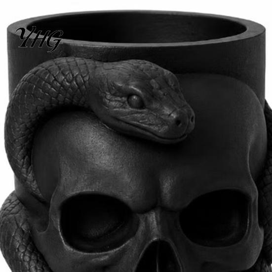 3D Printed Ornament Skull & Snake Pen Holder, Gothic Pencil Collectible Figurine Desk Organizer for Makeup Brush Stationery Storage, Halloween