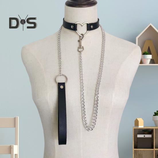 Women Faux Leather Collar Leash Chain Decor Adjustable Erotic Lover Necklace Cosplay Nightclub Party Choker Individual Neck Jewelry