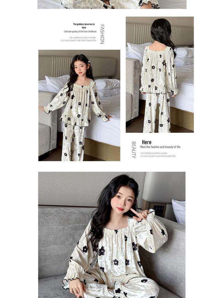 Czarny Piżamowy Zestaw z Złotego Weluru w Kwiaty dla Dziewczynek - Nowość Wiosna/Jesień 2025