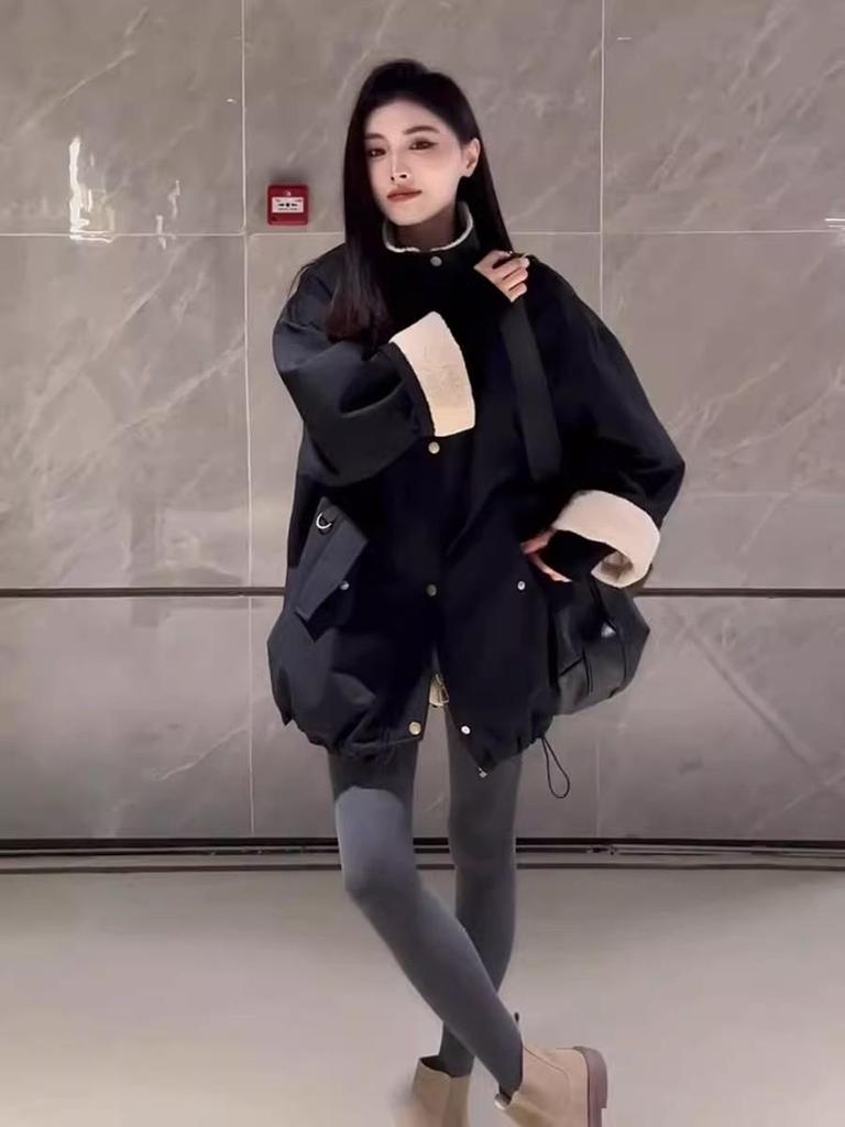 Women's 2024 Winter European Style Stand-Up Collar Fleece-Lined Thick Warm Lamb Wool Jacket Coat