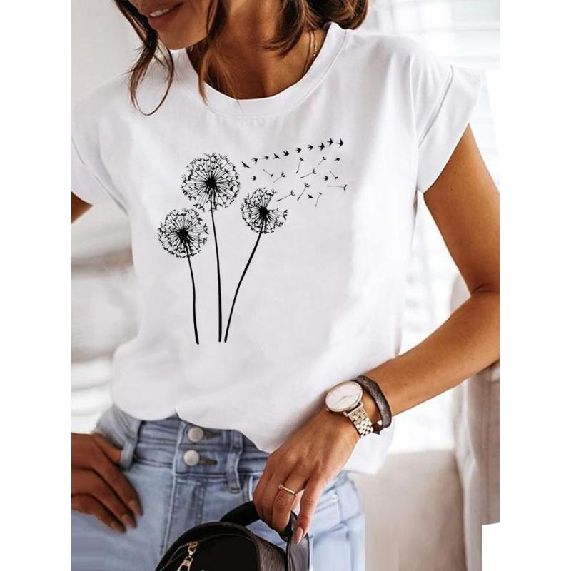 Women's Round Neck Printed T-Shirt Loose Casual Office Short Sleeve