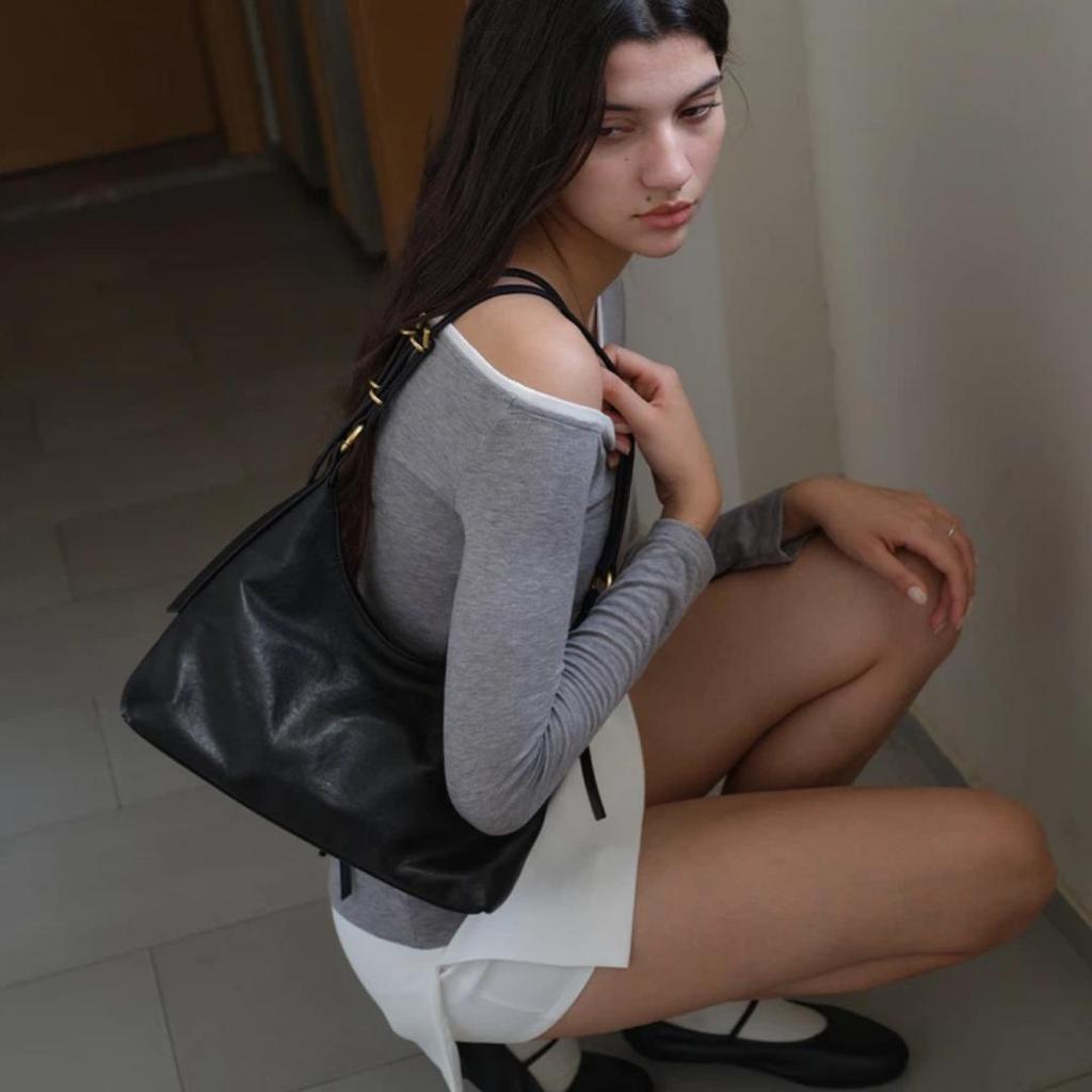 SMTING Shoulder Bag, Top-Grain Leather Tote Bag, Underarm Bag, Meilad Brown, Small Size