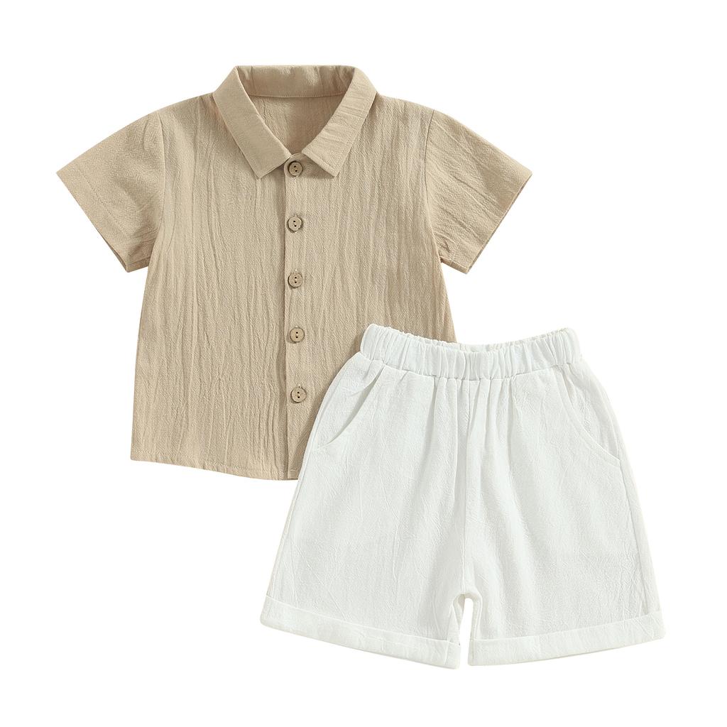 2Pcs Toddler Boys Summer Outfits, Short Sleeve Button Down Lapel Shirt + Shorts Set Baby Clothes