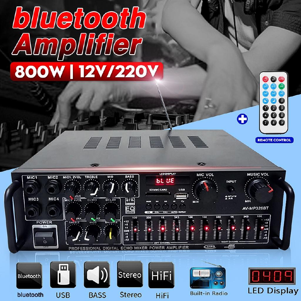 800W 220V - 240V EQ Bluetooth Stereo Amplifier 4 Ohm 2CH USB 64GB Disk/SD Card Car Home 220V