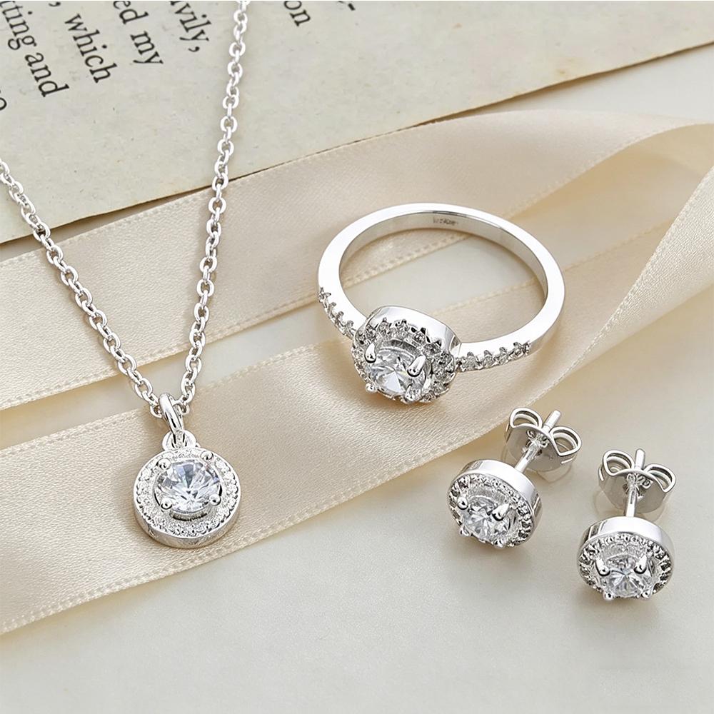 S Copper Cz Jewelry Set, Round Halo Cubic Zirconia Ring Necklace Earrings Set For Women Wedding