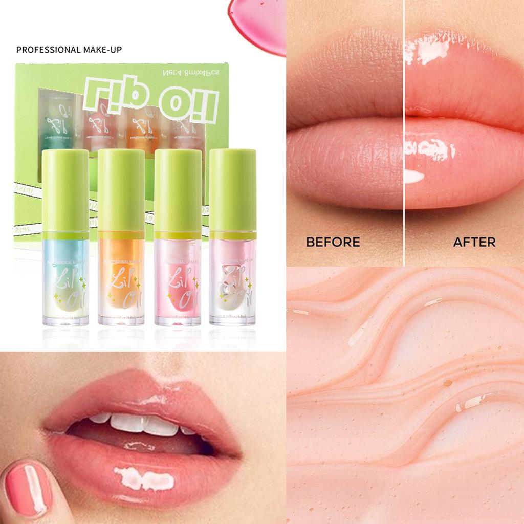 Moisturizing Lip Oil Set 4 Tablets, Large Brush Head Moisturizing Lip Gloss Gloss Transparent Mirror Moisturizing Cantaloupe Lip Oil 4.8ML*4