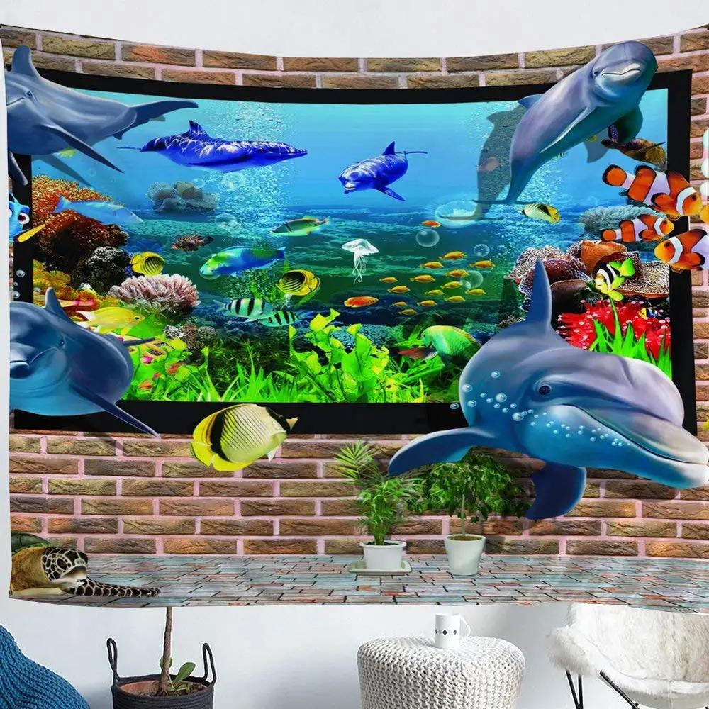 Unterwasser-Oase Wandteppich Delfin Unter dem Meer Korallenfische Anemonen Tiefsee Fantasy Blasen Wandbehänge Dekor Zimmer Wandteppiche
