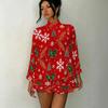 Women's 3D Christmas Tree Print Mock Neck Long Sleeve Dress, Raglan Sleeve Fake Two Piece Mini Dress