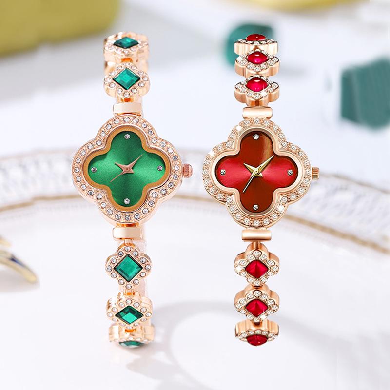 Damklocka Dam Premium Damklocka Grön Klocka Kvarts Diamant Klöver Armbandsur