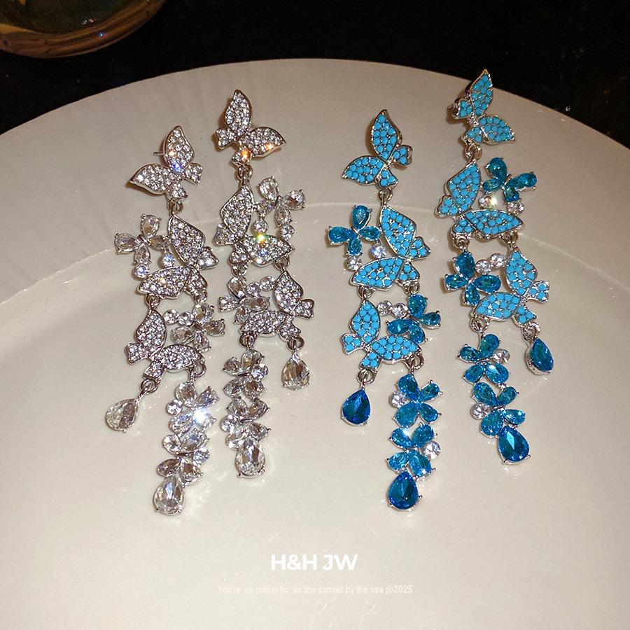 Silver Needle Diamond Butterfly Tassel Earrings Step into ins Fashion Temperament Earrings Light Luxury Premium Earrings Women