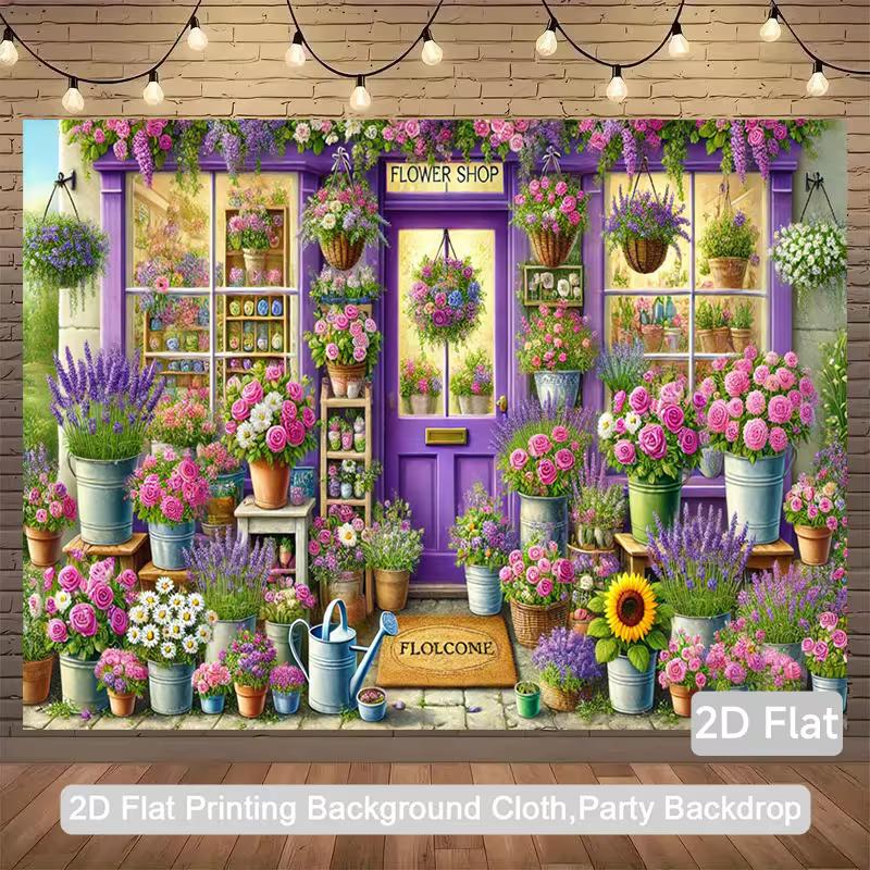 2D Floral Shop Backdrop Colorful Flower House Background Banner for Party