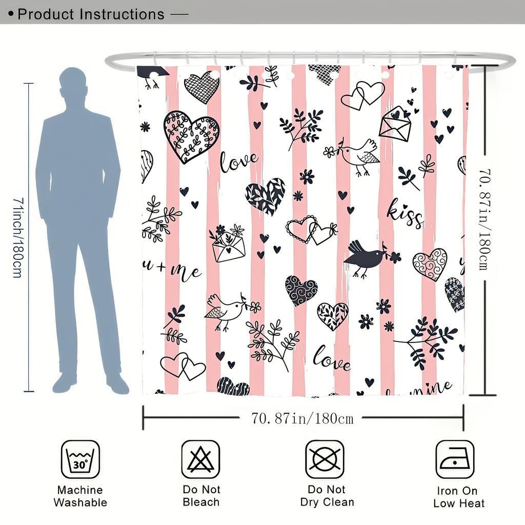 1pc Romantic Valentine's Day Pink Striped Cartoon Pattern Digital Print Shower Curtain, Bathroom Decor with Free Hooks, Machine