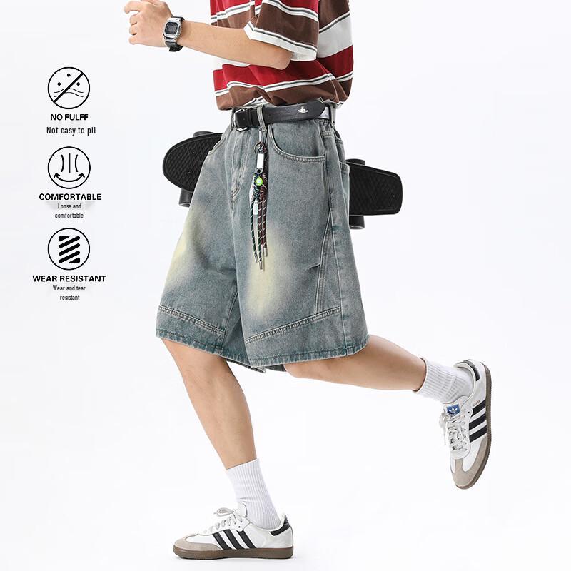 MEDE Men s Retro Washed Straight Wide-Leg Denim Shorts 2XL