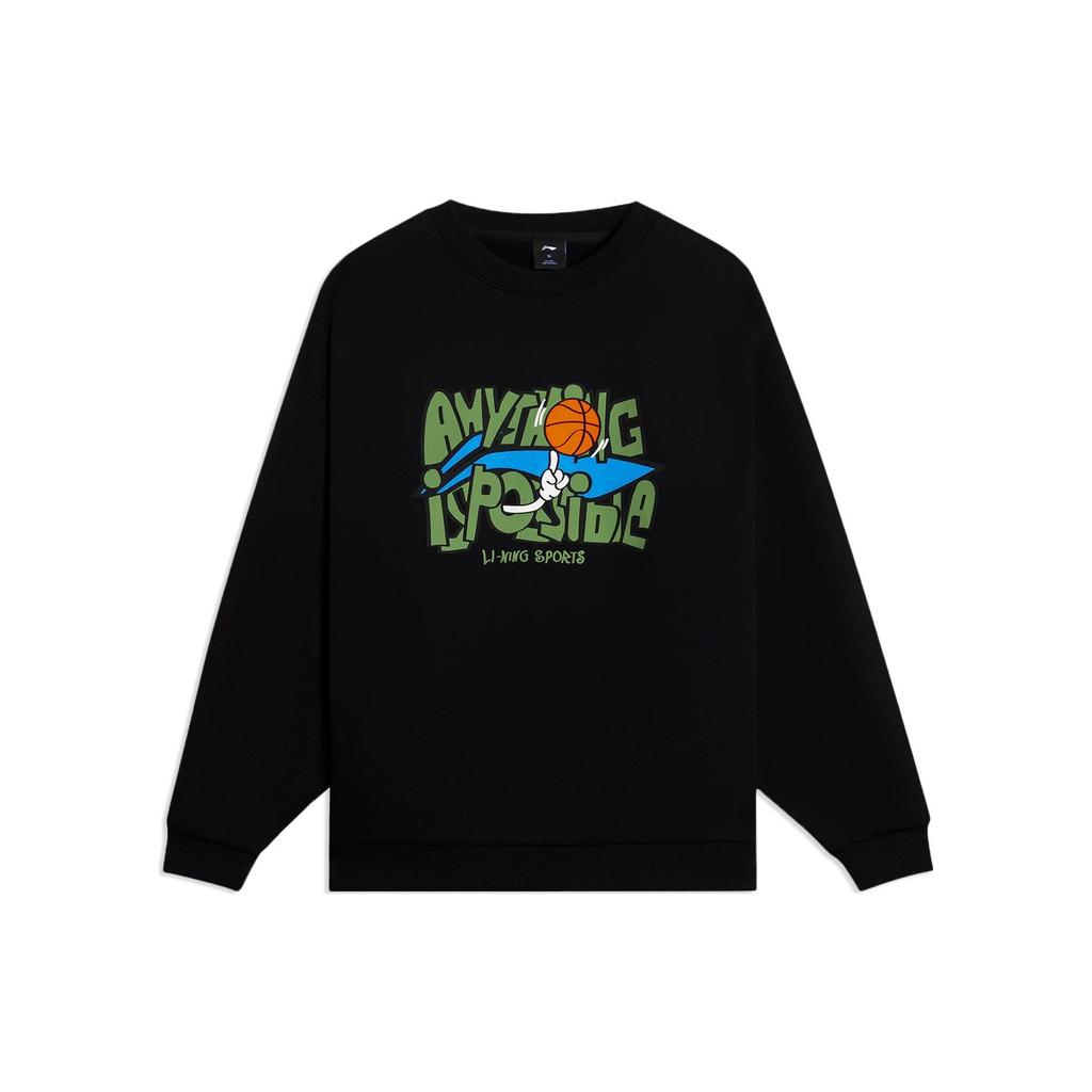Li Ning Sports Life Collection Letter Print Thermal Fleece Lined Casual Crew Neck Pullover Sweatshirt Unisex Black AWDSG95-2
