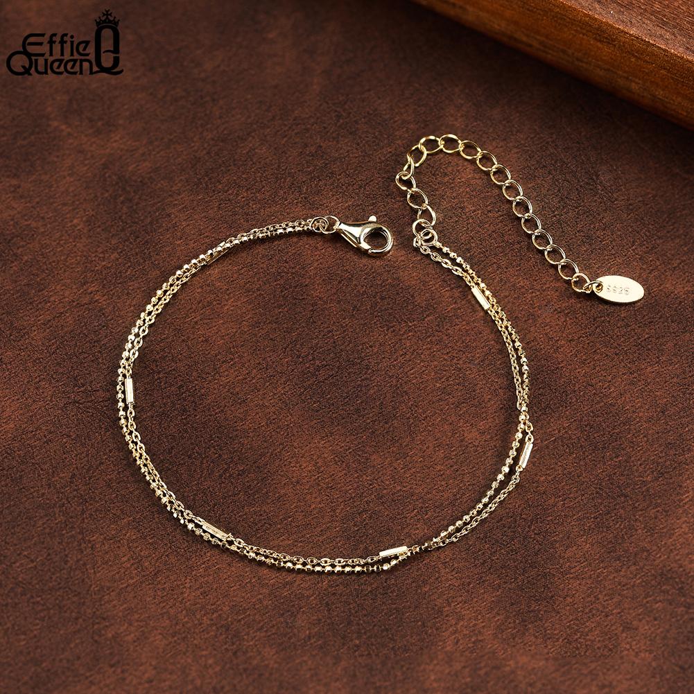EFFIE QUEEN 925 Sterling Silver Women Layered Chain Bracelet 1MM Ball Beads Link Stackable 2 Layers Bracelet Gift Jewelry SB219